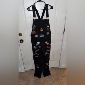 1of1 Black and red denim Distressed overalls with patches Grunge & Punk vibes